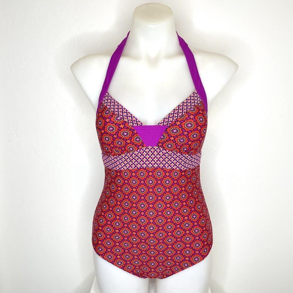 prAna Isla One Piece Swimsuit Fuchsia Hyannis Womens Small Red Purple Halter